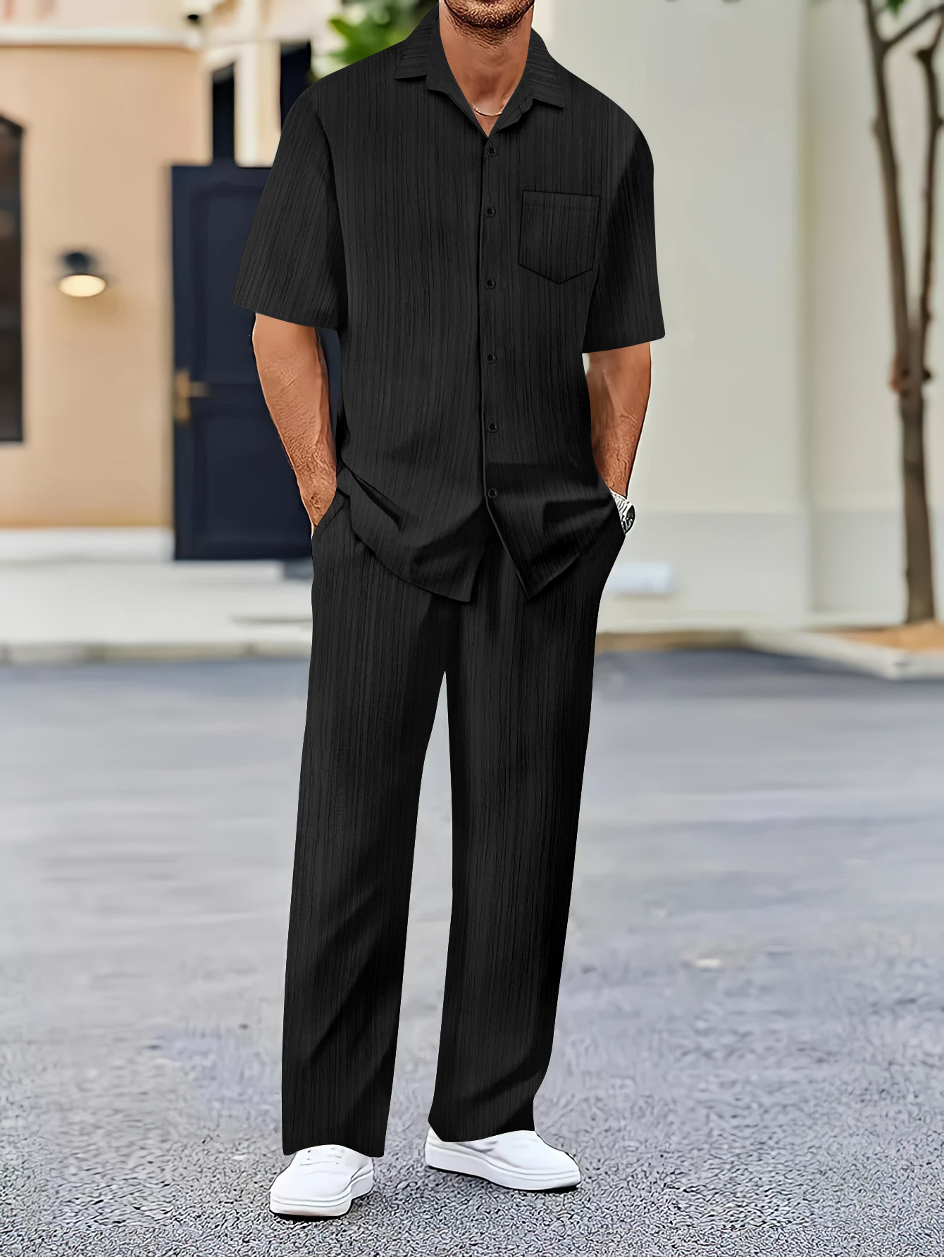 Herren Freizeit Hemd Und Hose Set Mit Wellenmuster Für Pendler_voghion.com