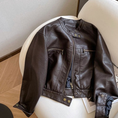 革の服のコートの港風の復古の新型の機関車の短いタイプの小さい背の革のジャケットのゆったりしているジャケット