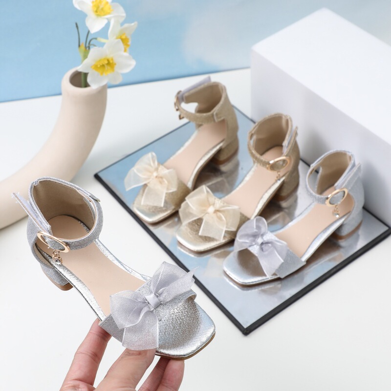 2026 Spring/Summer New Girls' Bow Princess High-Heeled Children's Sandals for Little Girls with Soft Non-Slip Soles