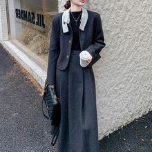 灰色学院风毛呢套装裙女秋冬两件套英伦复古ootd减龄爆款时髦流行