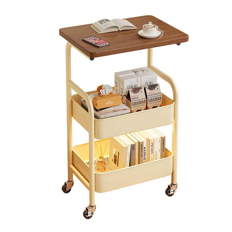 Mesa de té móvil de doble capa de sala de estar junto al sofá de almacenamiento integrado con mesa de té de ruedas para el dormitorio, estante de cama simple