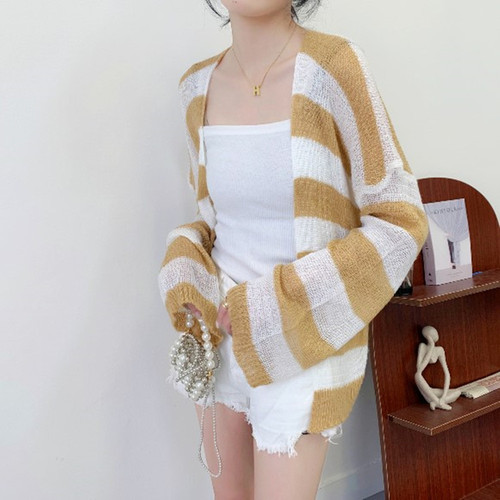 Color-blocked Korean-style cashmere sun-protective long-sleeved loose striped knit cardigan women's top coat