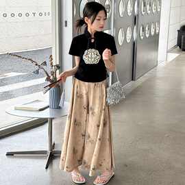 2026夏季新款洋气国风上衣盘扣两件套女童中式短袖套装女孩阔腿裤