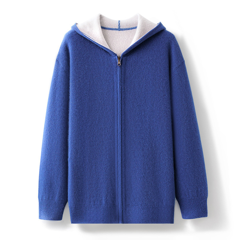 Thickened Air Layer Hoodie Pure Cashmere Jacket for Middle-Aged Men, Hooded Knit Sweater with Zipper, Two-Tone Thickened Air Layer Hoodie Pure Cashmere Jacket for Middle-Aged Men, Hooded Knit Sweater with Zipper, Two-Tone