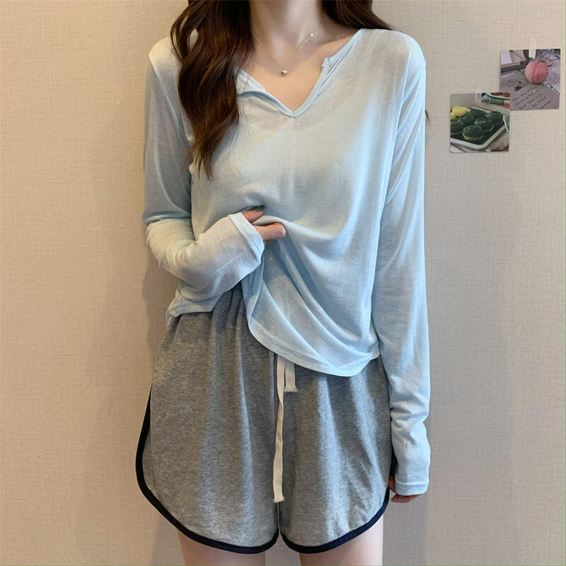 韓国スタイルブルーカラー長袖シャツ女性のための 2025 新しい夏薄いアイスシルク日焼け止めシャツ空調カバーアップ服|undefined