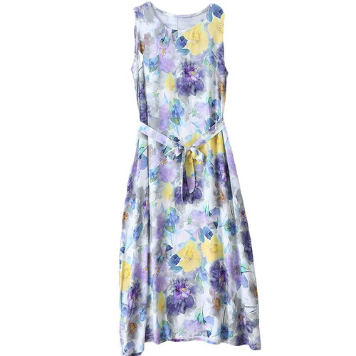 2025 Summer Plus Size Cotton Satin Dress with Floral Print, Slimming Mother's Full-Skirted Beach Dress Vacation Style Long Dress