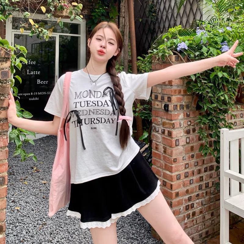 Korean SweeT Bow Design ShorT-sleeved T-shirT for Women VersaTile Loose and CuTe LeTTer Top Summer 2024 New STyle