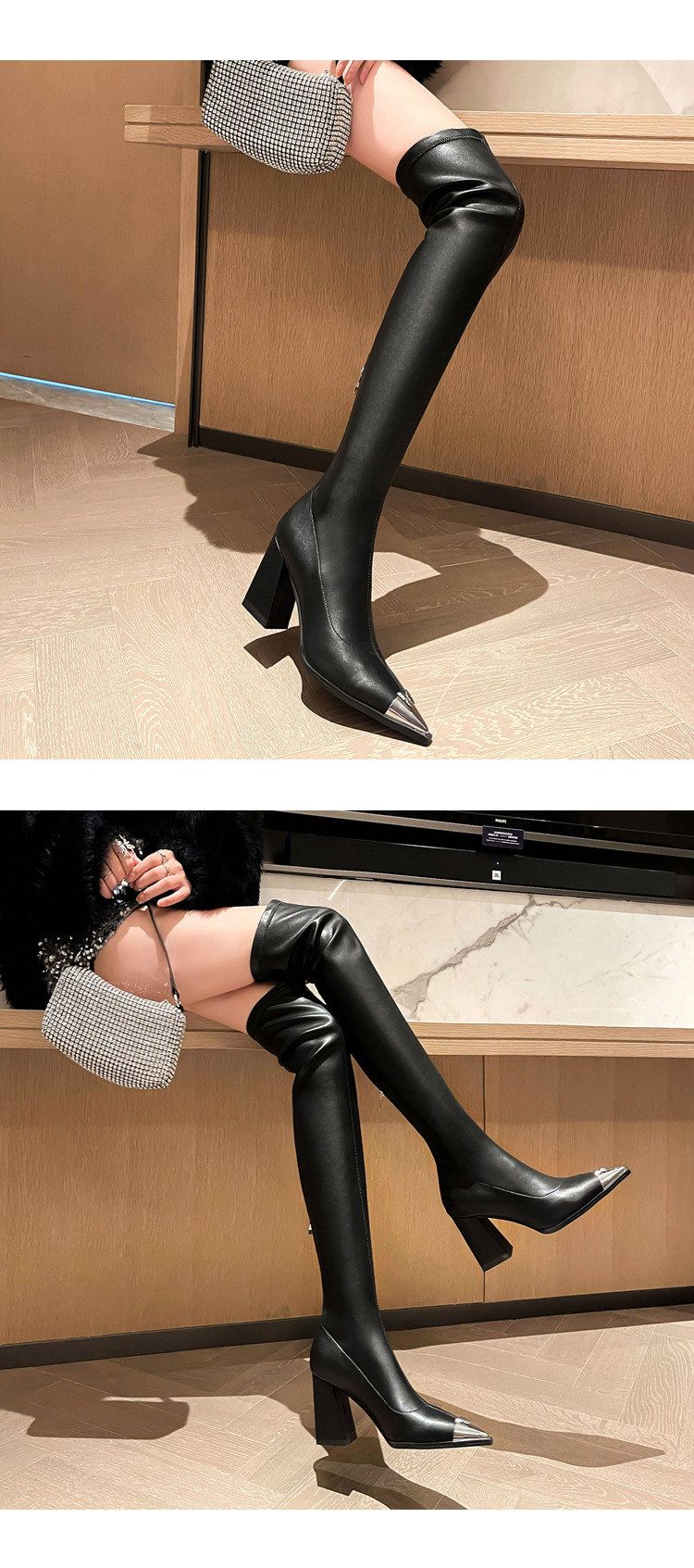 Boot nữ cổ cao quá gối da lộn mũi nhọn kim loại gót 8cm miệng chữ V — Lớp lót da lộn màu đen chi tiết 21
