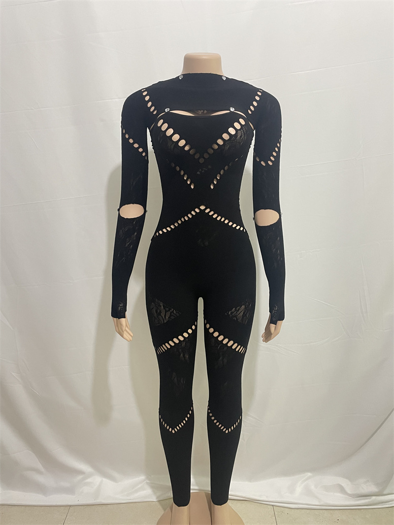 Women Autumn Solid Color round Neck Long Sleeve Hollow Out Cutout Jeweled Slim Fit Patchwork Sexy High Waist Jumpsuit