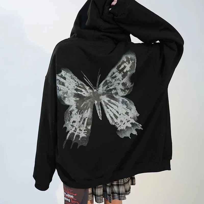 Dames vest met capuchon rits en vlinderprint van fleece_voghion.com