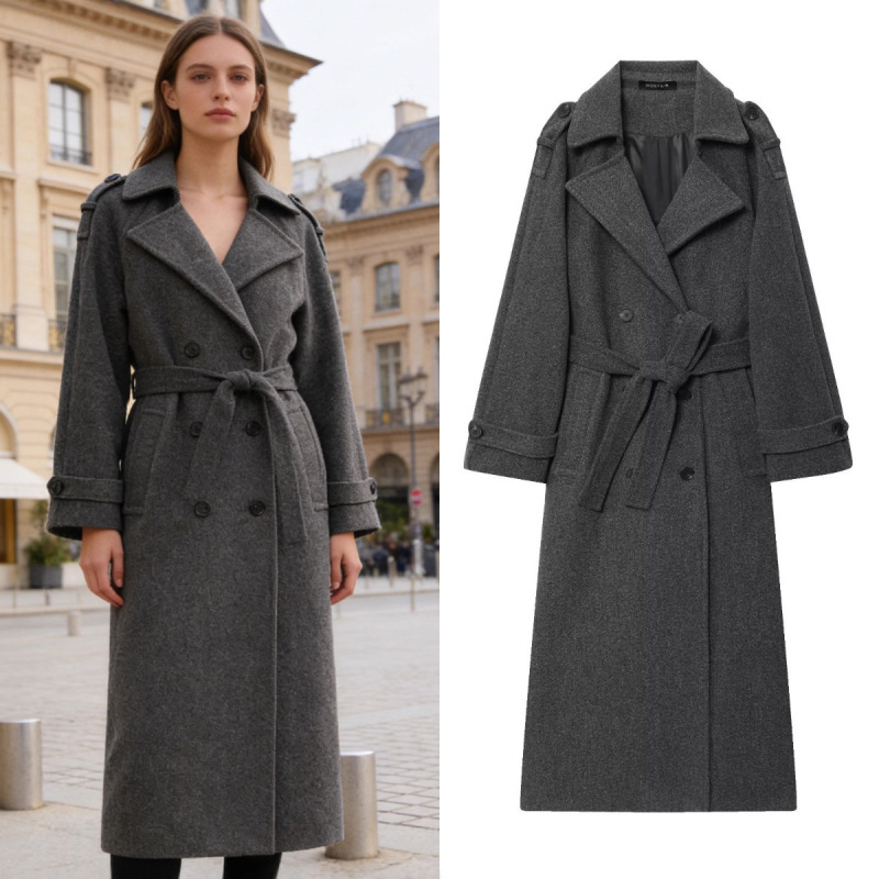 Cross-Border Foreign Trade In-Stock European and American Style Women's Winter Classic British Style Woolen Double-Breasted Trench Coat