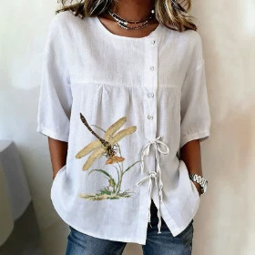 Summer Amazon Cross-Border European and American Women's Clothing Tops Printed Casual Short-Sleeved Drawstring Bow Shirts Support Dropshipping