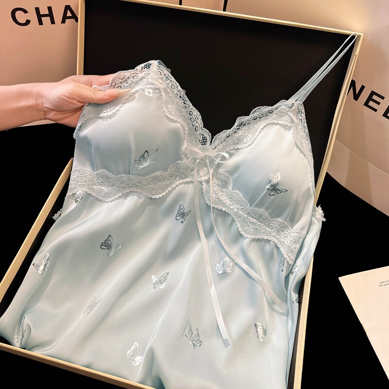 女性用サスペンダーナイトガウン、夏のアイスシルクホットスタンプバタフライハイエンドパジャマ、甘い女の子のシルクホーム服、インターネットセレブスタイル|undefined
