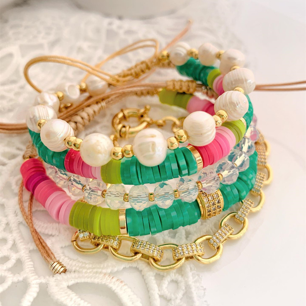 1 Piece, 1 Set Quantity Elegant Simple Style Geometric Freshwater Pearl Soft Clay Copper Knitting Women's Drawstring Bracelets