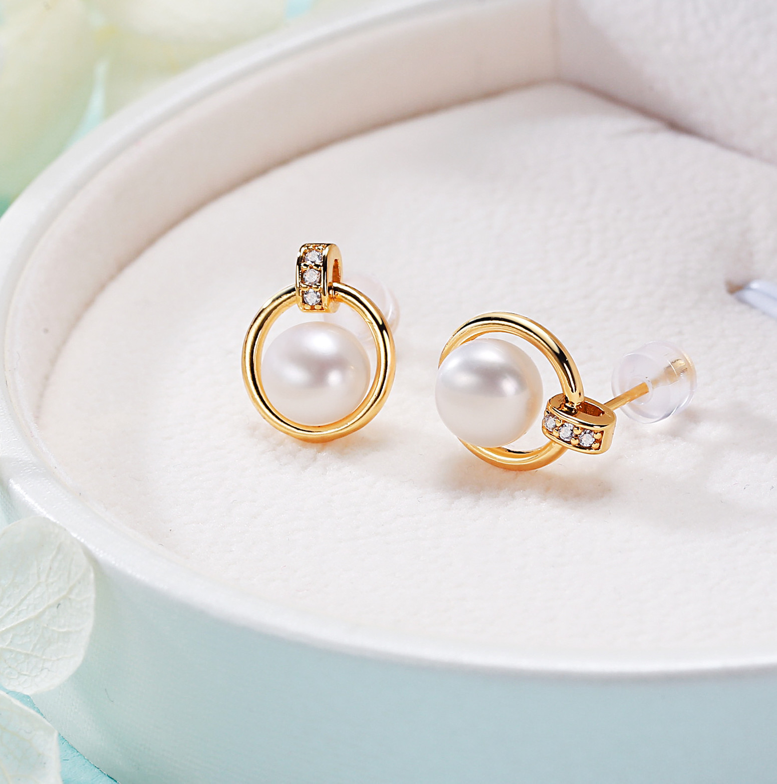 10g Weight 925 Sterling Silver Ear Needle Material 1 Pair Freshwater Pearl Pearl Zircon Round Ear Studs