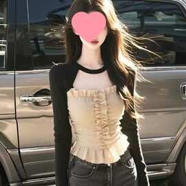 级感边镂空圆领长袖打底衫女春秋花边拼接美短款上衣