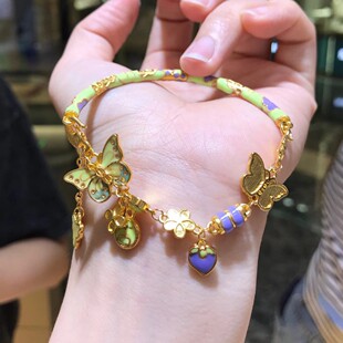 18K Gold Burnt Blue Butterfly Enamel Bracelet Half Bracelet Au750 Non-Removable Gold Color National Trend Open Necklace Bracelet Style