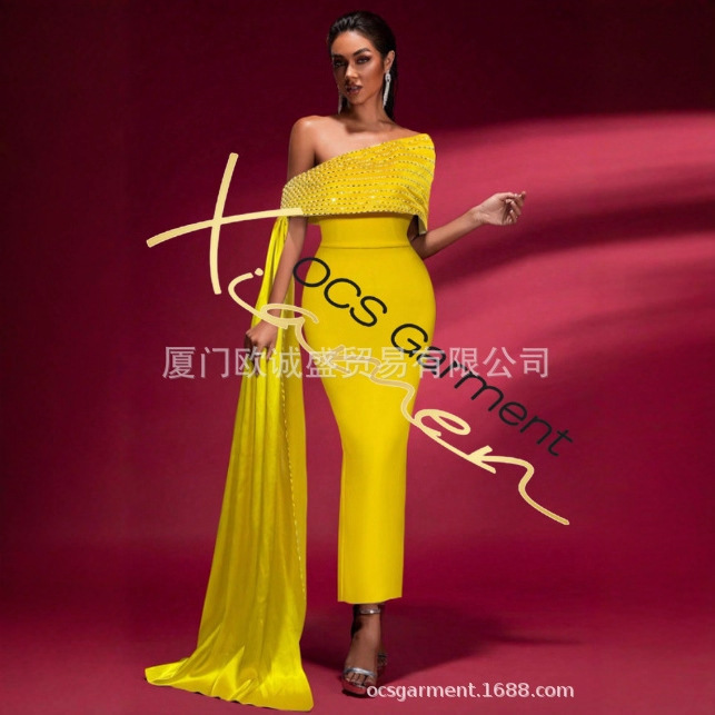 Bandage Dress Promotion Cross-Border Ready Stock Yellow Off-Shoulder Heavy Beaded Long Ribbon Bandage Dress