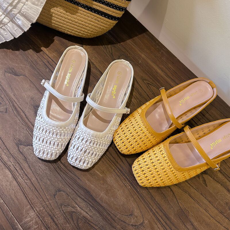 New Summer Retro Woven Hollow Square-Toe One-Strap Chunky Heel Mule Sandals for Women