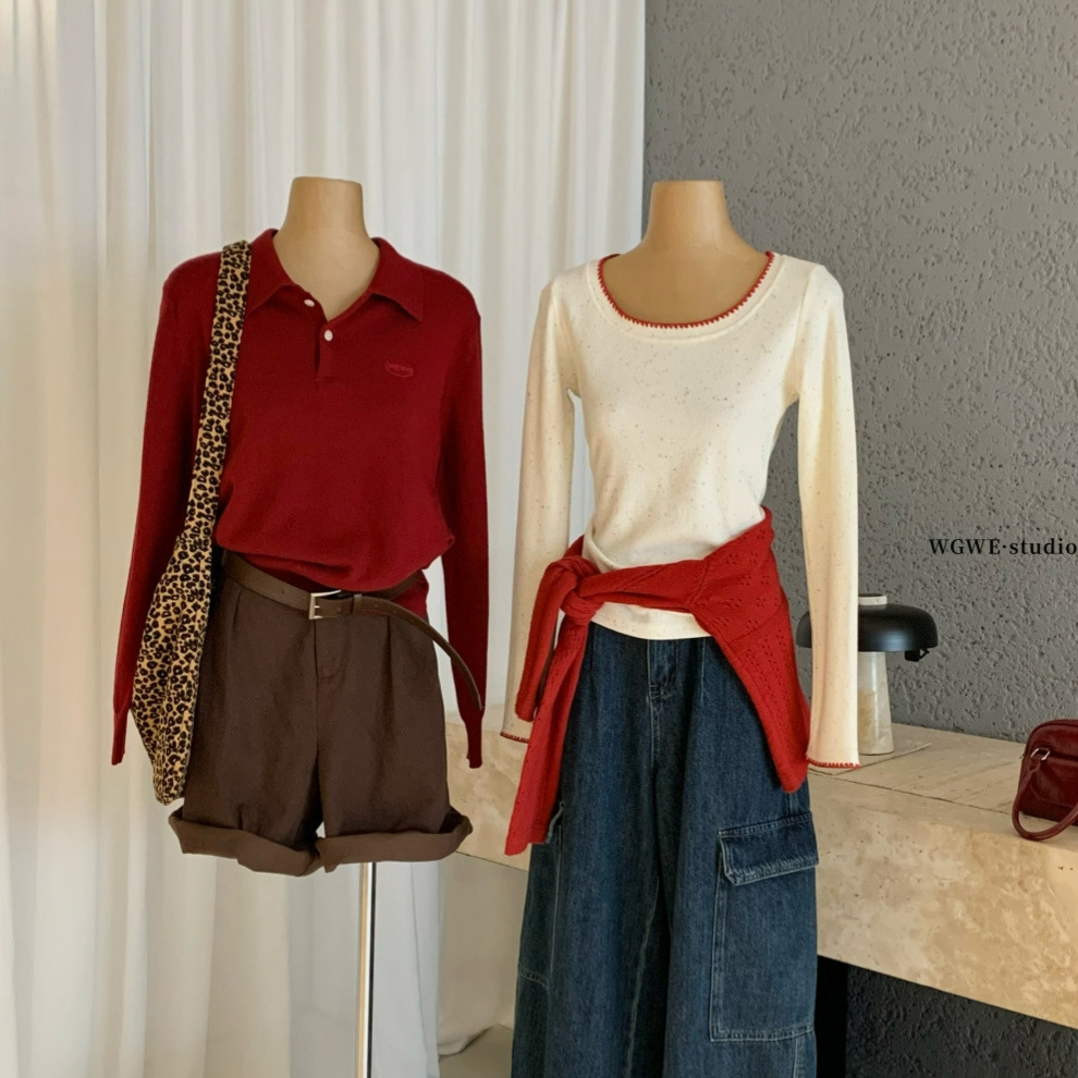 Wgwe8178 Guangzhou Thirteen Lines Women's Autumn New Style Small Design U-Neck Right Shoulder Long Sleeve T-Shirt Top