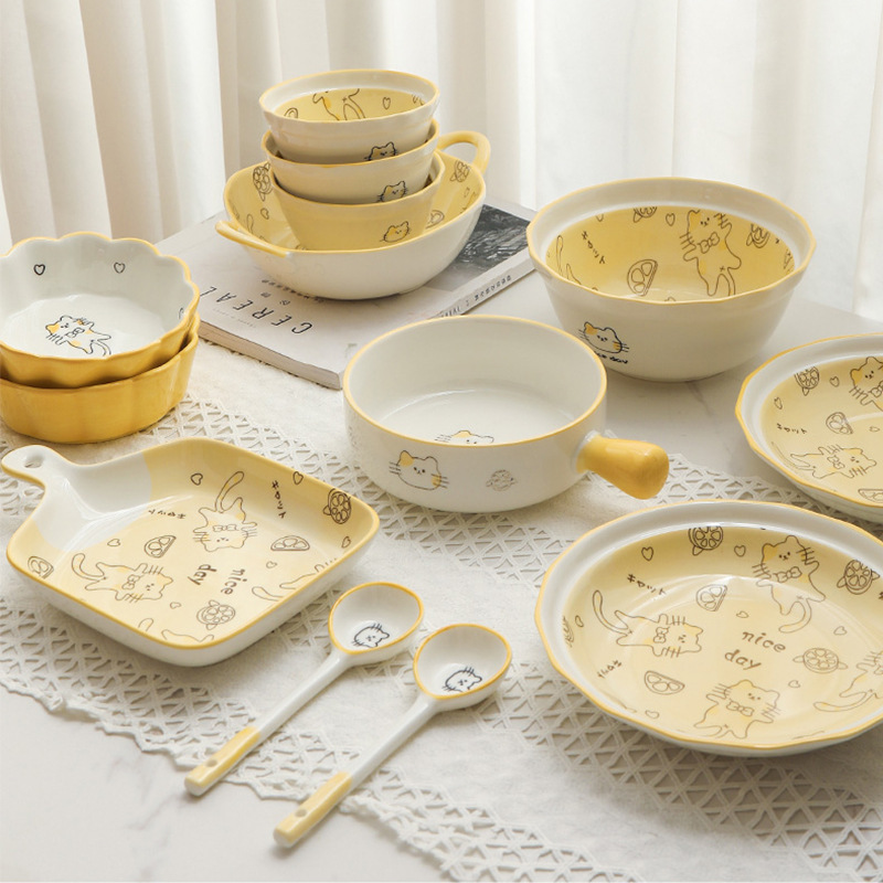 Orange Cat Bowl Plate Bowl Chopsticks Tableware Set Household Rice Bowl Plate Combination Housewarming New Residence Ceramic Cute ins