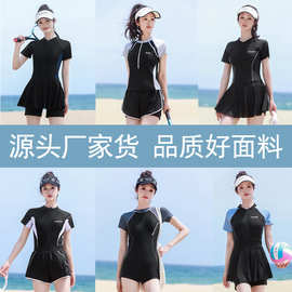 新款运动泳衣女款平角保守遮肚显瘦长短袖温泉度假专业游泳衣批发