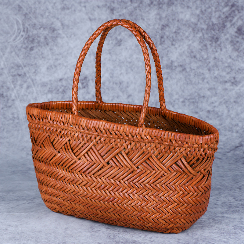 Dragón difusión primera capa piel de vaca vegetal cesta bolsa vintage cuero genuino hecho a mano tejida popular