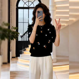 大码女装设计感刺绣花朵短袖针织衫夏季2026新款胖MM宽松显瘦上衣