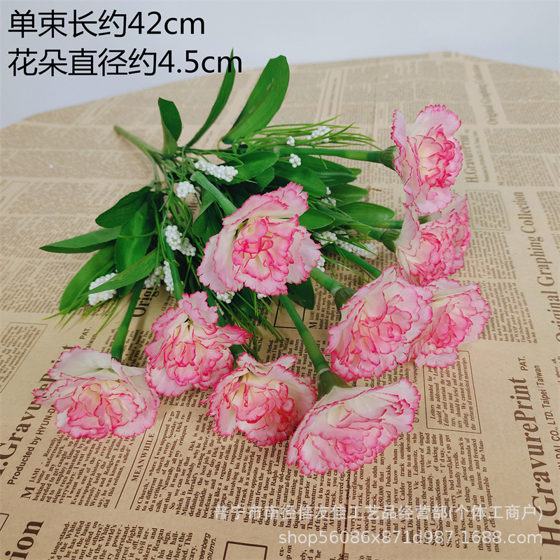 Ramo de simulación de clavel Flores falsas Flores de seda Flores secas Decoración de la sala de estar Decoración de la mesa de comedor Flores decorativas Plástico Día de la madre