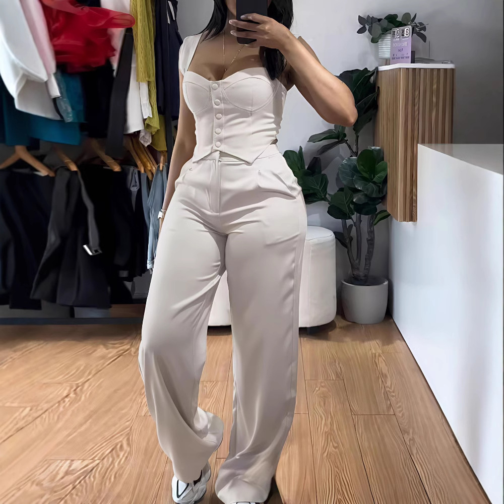 Nuovo completo da donna color albicocca composto da canotta e pantaloni a gamba larga a vita alta, outfit casual e aderente per l'autunno._voghion.com