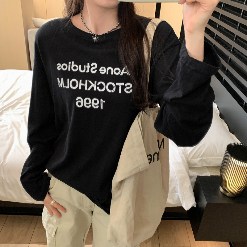 现货品牌韩系别致字母印花圆领长袖T恤女2025新款宽松显瘦打底女|undefined