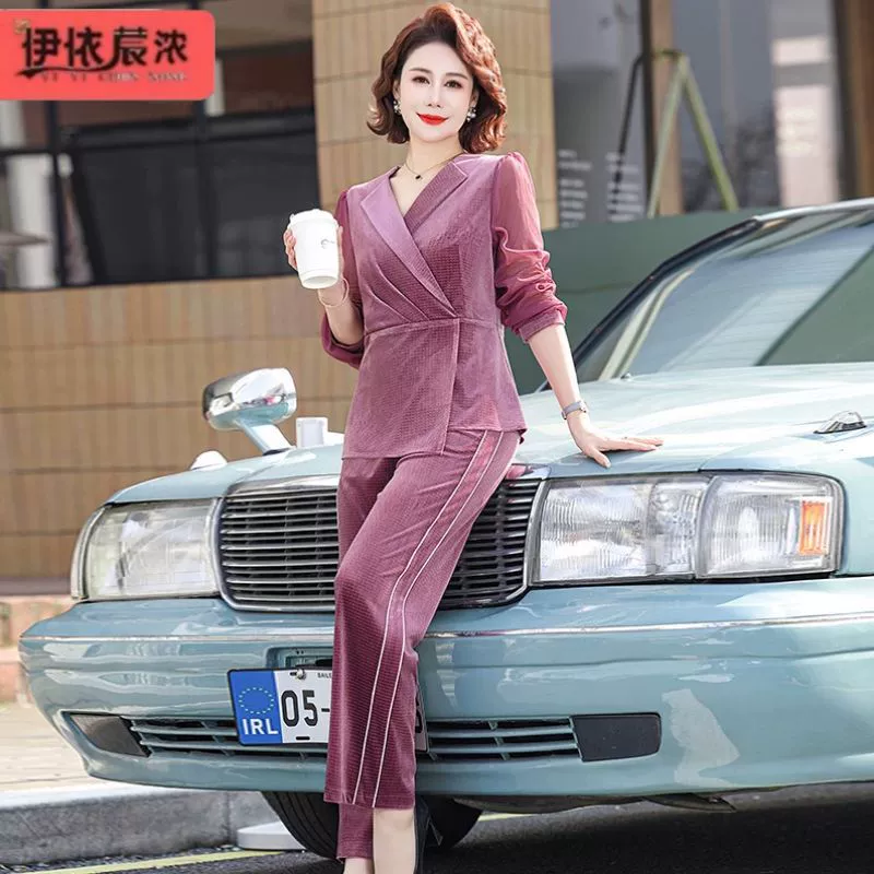 Весенний новый модный костюм, одежда для мам, женская одежда для женщин средних лет, 40 лет, ежедневные поездки, высококачественный комплект из двух предметов, Женский оптом