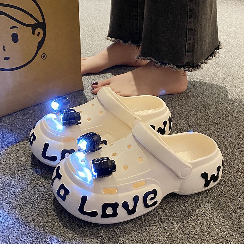 Fun LED Luminous Women's Shoes Thick Bottom Night Shoes Light Creative Hole Shoes Soft Bottom Cyber Celebrity Letter Baotou Sandals