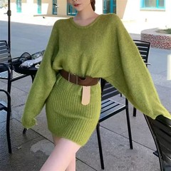 一字肩套头毛衣女连衣裙秋冬新款穿搭气质系带收腰针织衫包臀裙