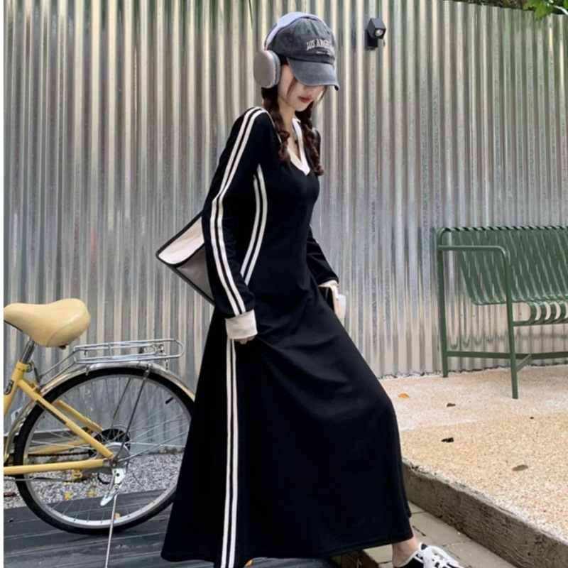 Plus Size Fat mm Autumn and Winter Stripesd V Neck Long-Sleeved T-Shirt Bottoming Skirt Dress Women's Korean Style High-End A-Line Long Skirt