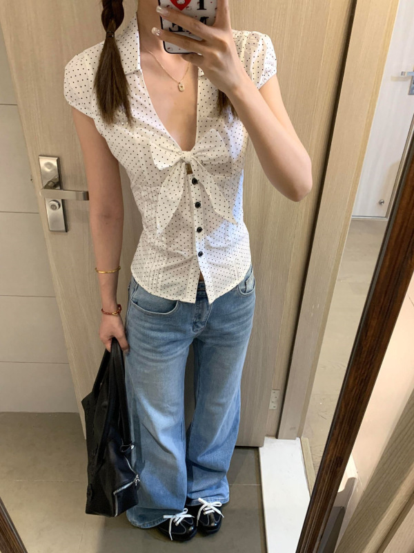 法式温柔蝴蝶结波点短袖衬衫女夏季甜辣收腰气质显瘦修身衬衣上衣|undefined