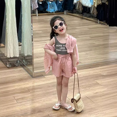 韓版童裝女童套裝2024夏裝粉色長袖防曬衣短褲印花字母背心三件套