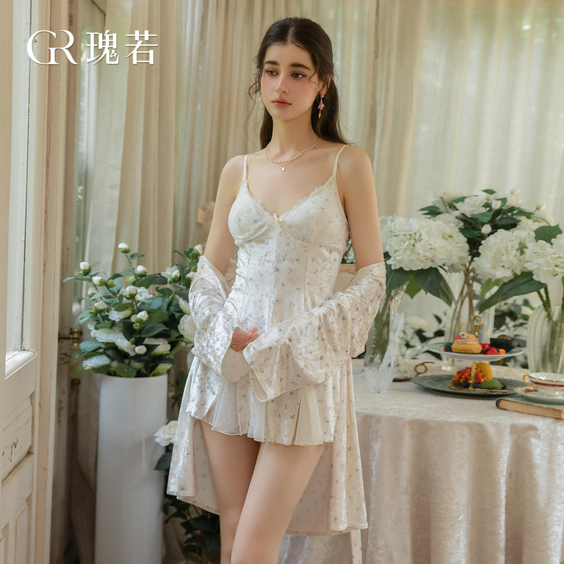 Gorgeous velvet floral print camisole nightgown with padded bust, polka dot mesh overlay, sweet and alluring design, loungewear set 7769 Gorgeous velvet floral print camisole nightgown with padded bust, polka dot mesh overlay, sweet and alluring design, loungewear set 7769