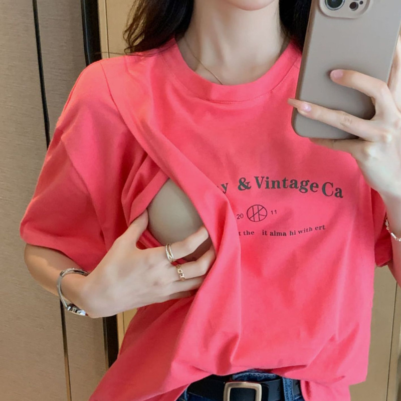 Pregnant Women's Breastfeeding Top Summer Going Out Hot Mom's Postpartum Short-sleeved Breastfeeding Clothes Summer Clothes All-match Breastfeeding T-shirt