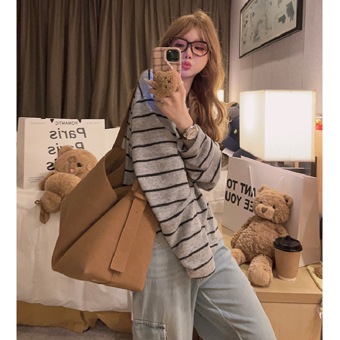 Korean Style Chic Contrasting Color Inner Stripesd Long-Sleeved T-Shirt for Women 2024 Autumn and Winter Lazy Style Loose Brushed Bottoming Shirt