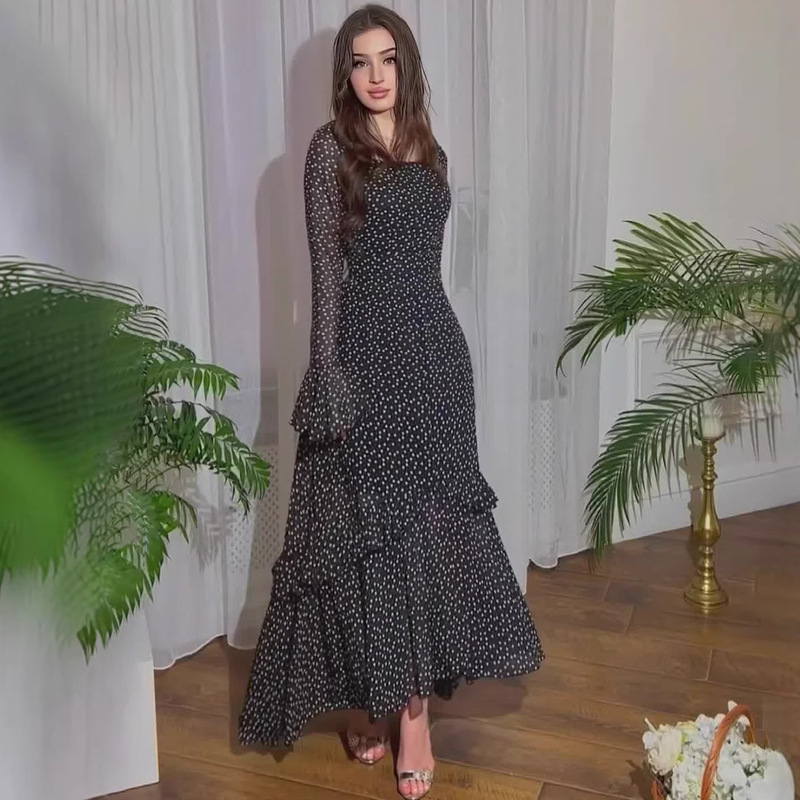 Irregular Dress with Long Spliced Polka Dots for Spring 2024, Featuring Ruffle Sleeves and Chiffon, New European and American Style on Amazon
