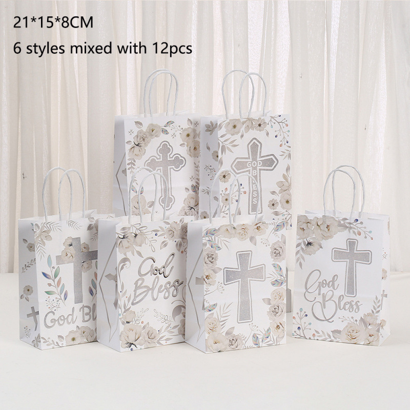 圣餐礼品袋简约白色花朵十字架手提袋时尚节日派对伴手礼袋包装袋