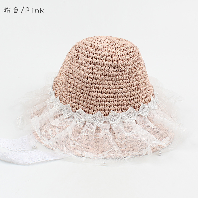 Korean Style Bowknot Pearl Lace Mesh Children's Straw Hat display picture 4