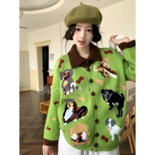 女款2025新款爆款设计感高级感超好看绿色古着卡通针织衫毛衣秋冬