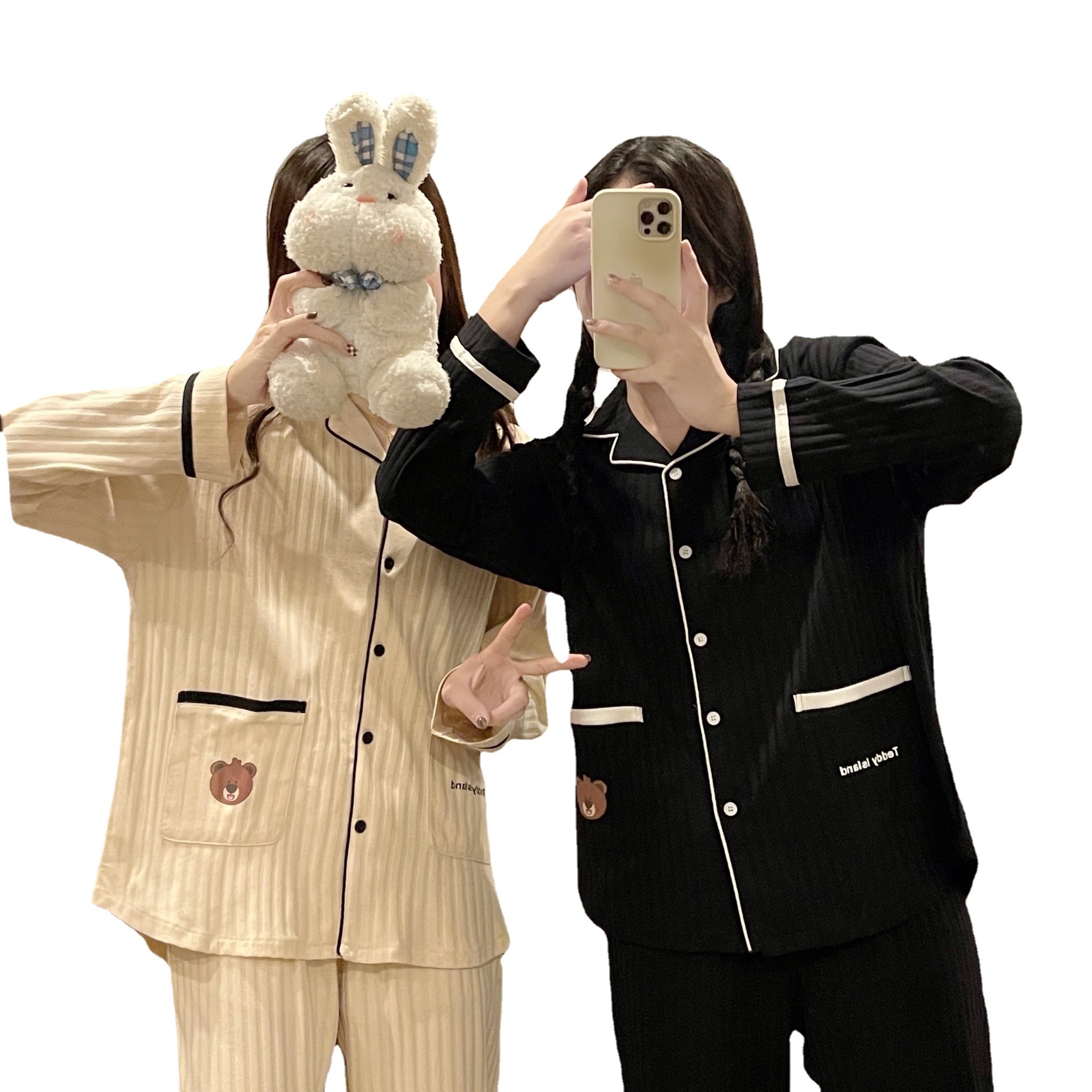 여성용 신작 봄, 가을 긴팔 핏 잠옷, 가디건 라펠, 포켓 베어, 캐주얼 웨어러블 가정복 정장