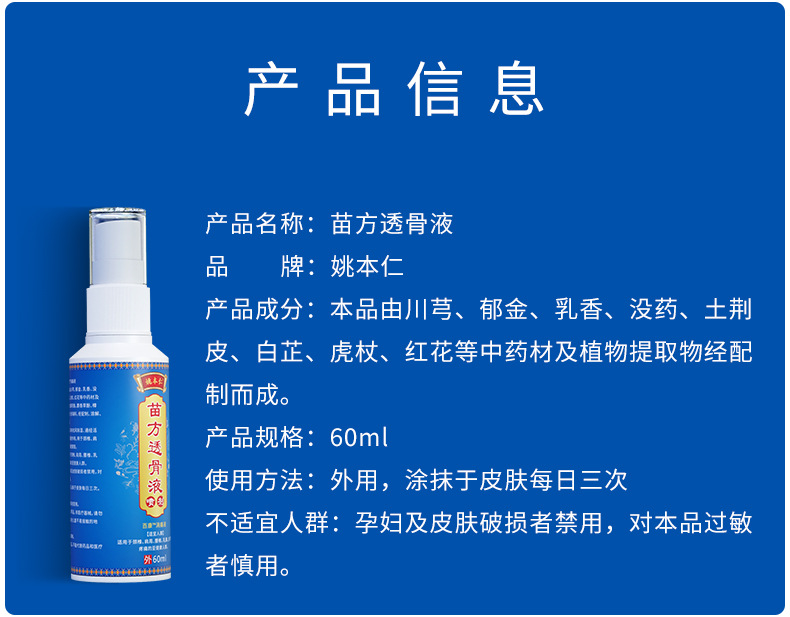 Miao Fang Tou Gu Liquid Spray 60ml External Herbal Spray for Neck Shoulder Waist and Legs specifications