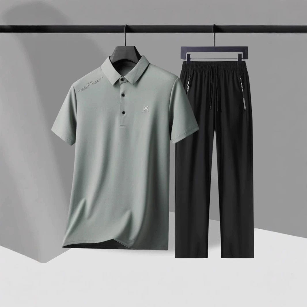 Летний бизнес повседневный папа ледяной шелк спортивный набор 2025 новая мужская футболка с короткими рукавами рубашка POLOC набор из двух частей