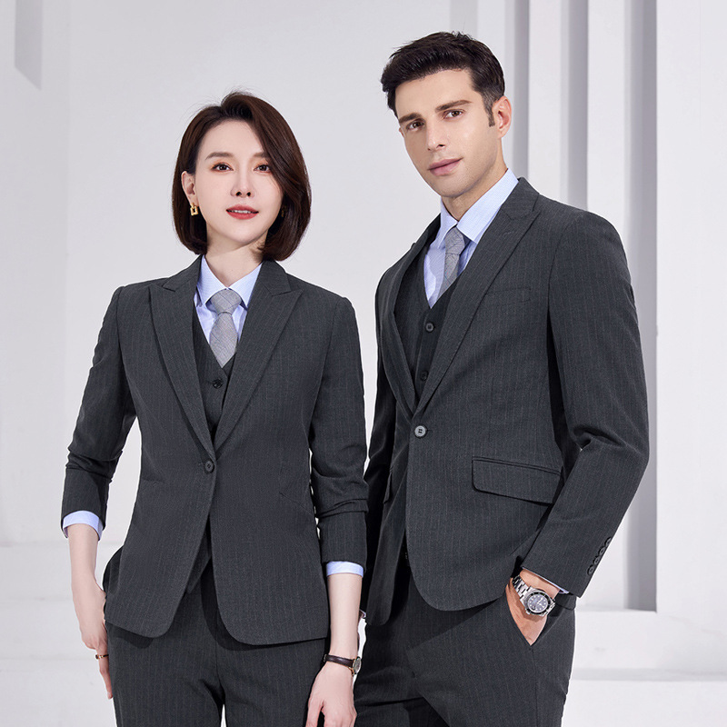 Color-blocked, stretchy, and thickened gray striped professional suit, fashionable business attire, hotel uniform, formal workwear for both men and women Color-blocked, stretchy, and thickened gray striped professional suit, fashionable business attire, hotel uniform, formal workwear for both men and women