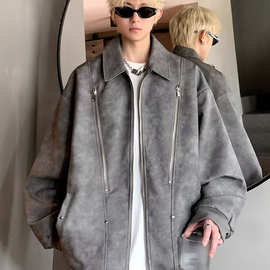 男装pu皮外套男款春秋美式潮牌设计感工装皮衣夹克男痞帅男生上衣