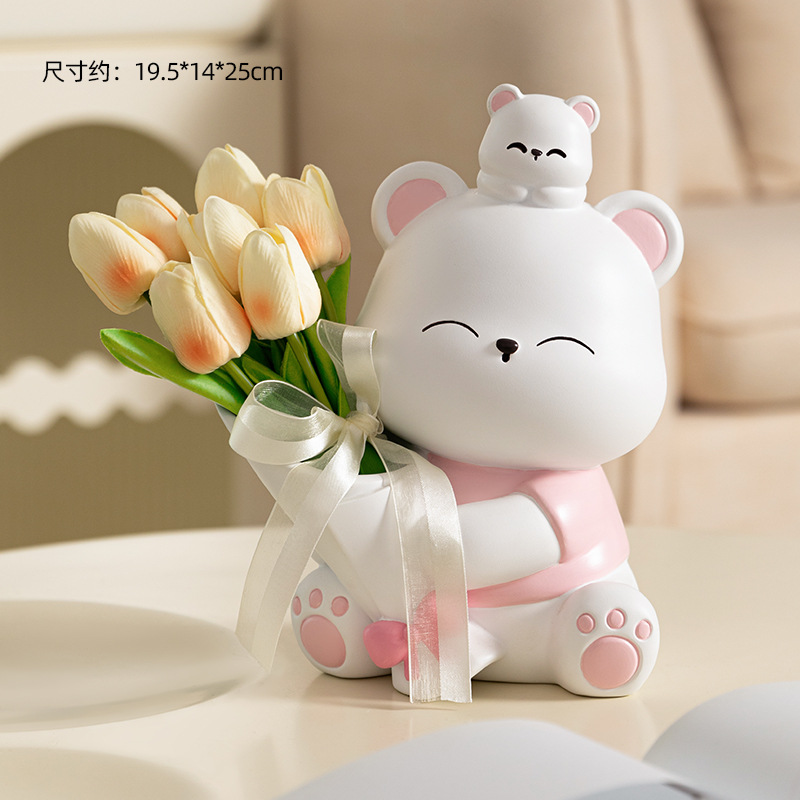 포옹 곰 꽃다발 핑크 큰 + 샴페인 튤립 7 (무료 리본)